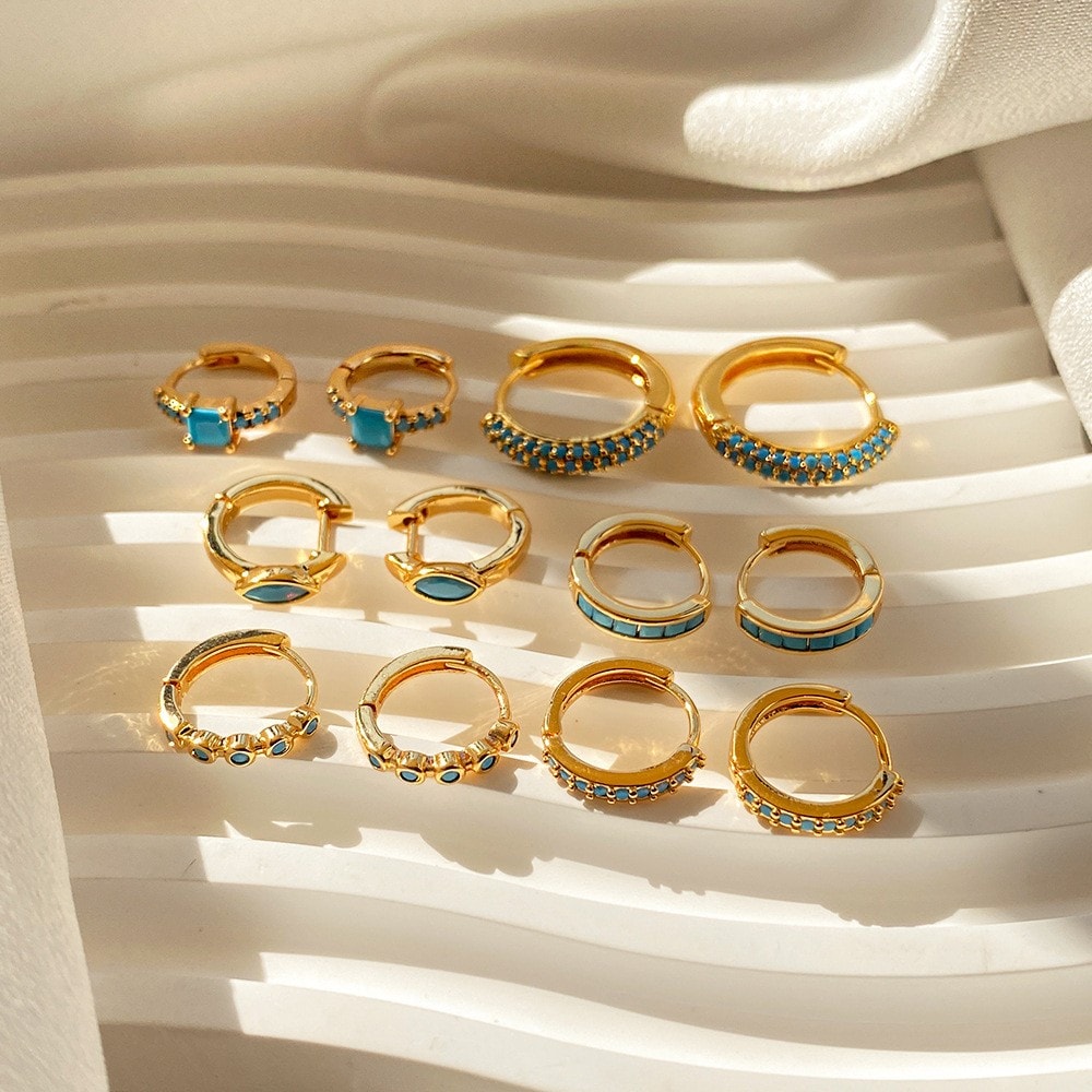 18K Gold-Plated Turquoise Bee Hoop Earrings, image 1 of 1