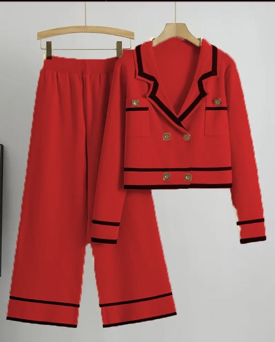 Contrast-Trim Knit Cardigan & Wide-Leg Pants Set, image 1 of 1