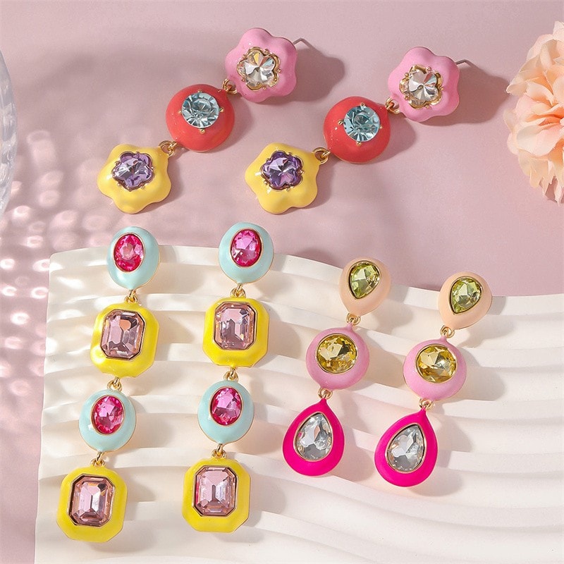 Enamel Crystal Flower Drop Earrings, image 1 of 1
