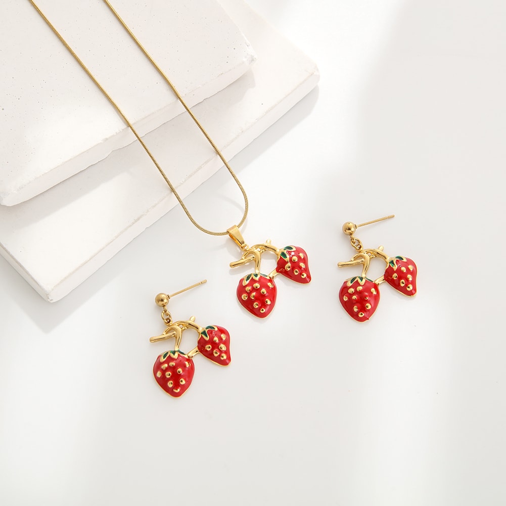 Gold-Plated Stainless Steel Cherry Jewelry Set, image 1 of 6