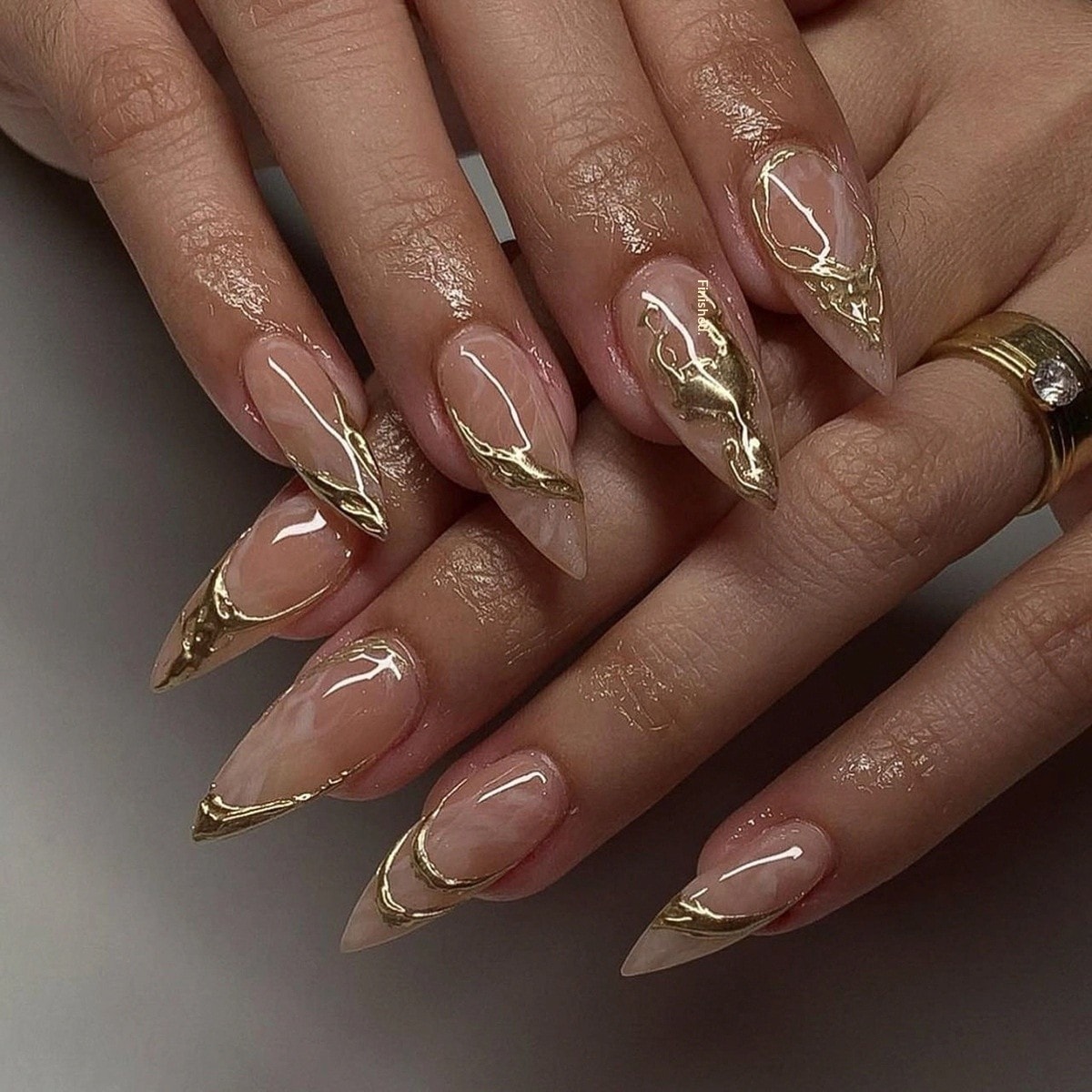 Gold-Stamped Short Almond Press-On Nails, 24 pcs, image 1 of 1