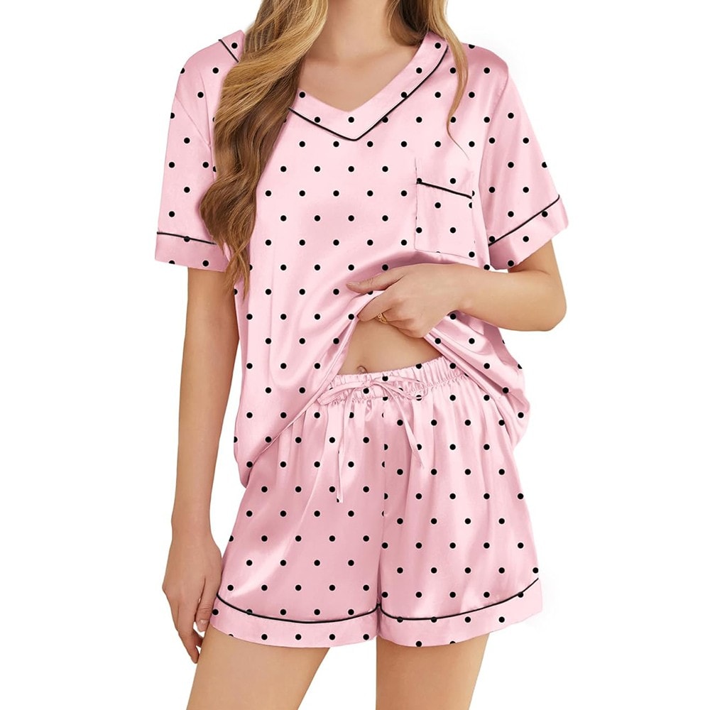 V-Neck Satin Drawstring Pajama Set, image 1 of 1
