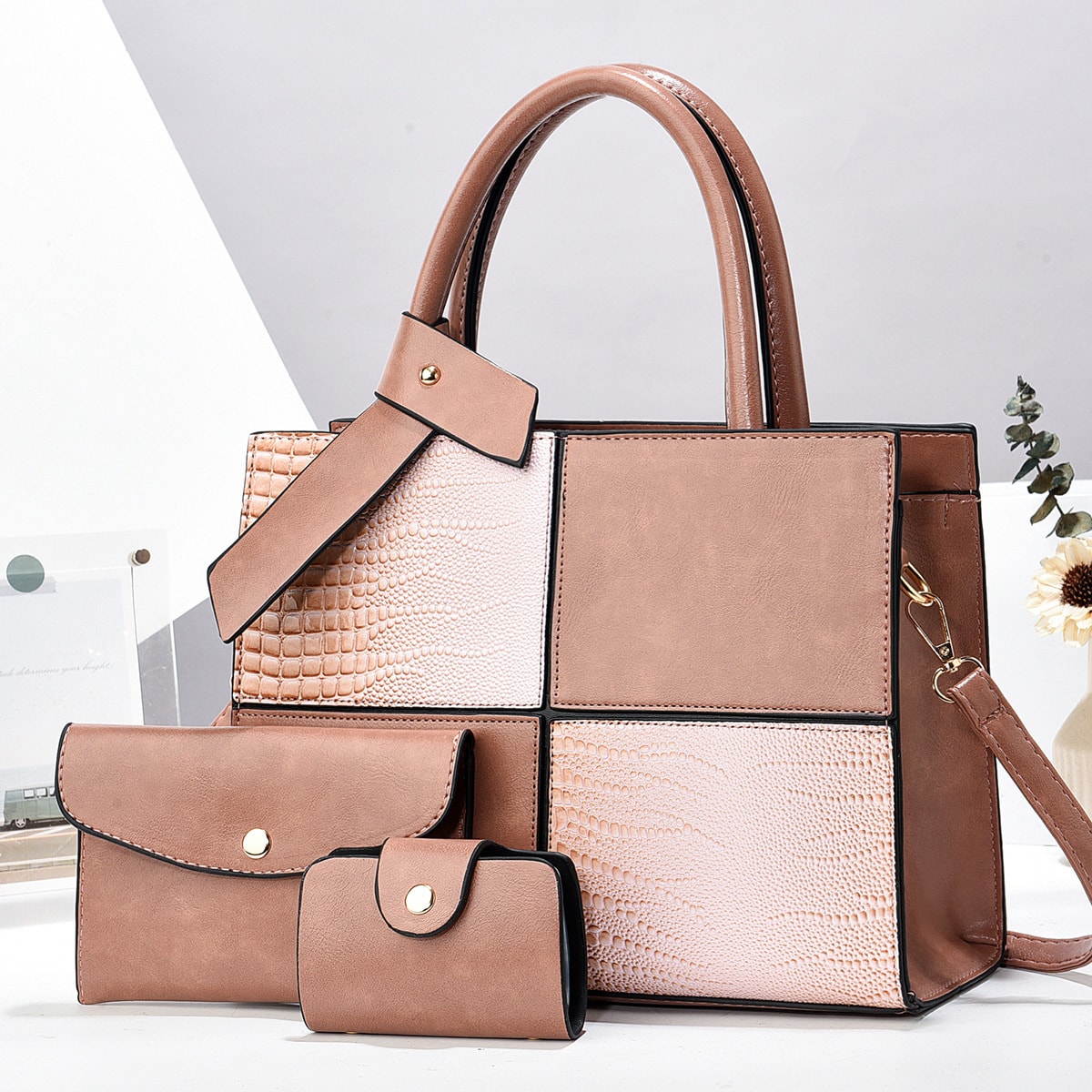 Vegan Leather 3-Piece Color-Block Tote Bag, image 1 of 6